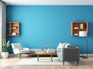 Minimal living room with a serene blue wall texture background, featuring sleek furniture and subtle decor, contemporary, generative AI, stock photo