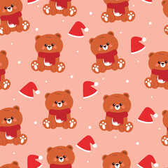 Obraz premium seamless pattern cartoon bear wearing red scarf. cute christmas and winter wallpaper for fabric print, gift wrap paper