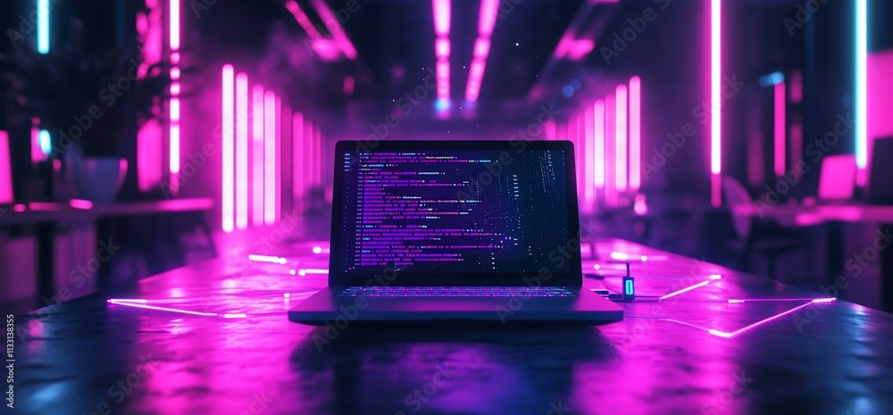 Poster A laptop displaying code in a neon-lit workspace.