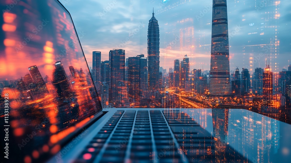 Poster a laptop displaying data with a city skyline in the background at dusk.