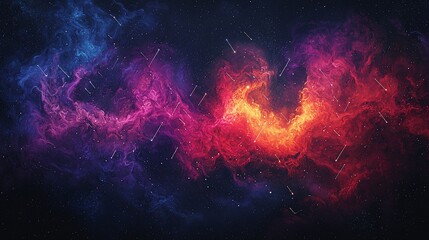 Fototapeta premium Cosmic Nebula with vibrant red, blue, and purple hues, showcasing a fiery, swirling formation amidst a dark space background with shooting stars.