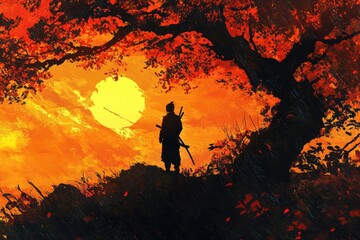Silhouetted samurai stands beneath a large tree at sunset, a fiery orange sky behind him.