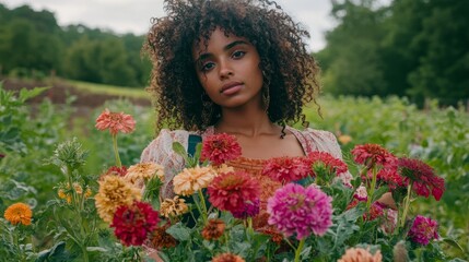 Naklejka premium A young woman surrounded by vibrant flower in a lush field, capturing a moment of beauty.