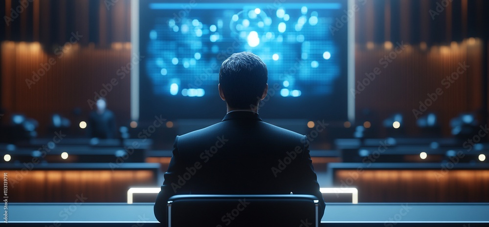 Poster a person in a suit observes digital data on a large screen in a conference room.