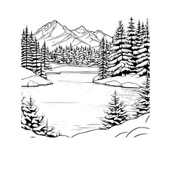 A black and white line drawing of a winter landscape with a frozen lake is surrounded by snow-covered trees and mountains. 