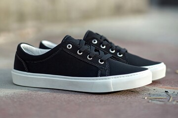 Naklejka premium Close up of stylish black skate shoes featuring reinforced toe caps and durable grip soles, ideal for skateboarding and urban activities