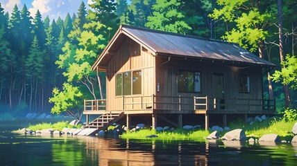 Obraz premium aesthetic anime wallpaper house on the lake