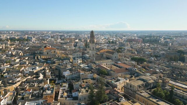 Aerial drone view of the historic city center in Lecce, a town in Puglia, southern Italy.