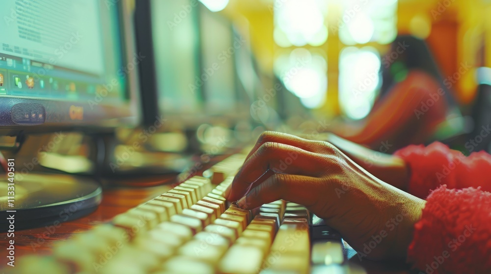 Aufkleber hands typing on keyboard at computer in library.