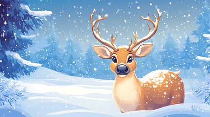 Happy cartoon reindeer in a snow-covered holiday winter scene with gentle soft snowfall