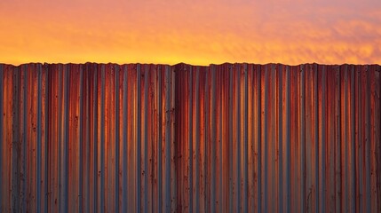 Fototapeta premium A colorful sunset behind a corrugated metal fence, showcasing vibrant hues in the sky.