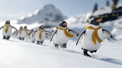 Fototapeta premium Group of Playful Penguins Wearing Colorful Ties Sliding on Snowy Landscape in Winter Wonderland Adventure