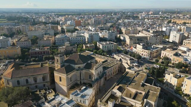 Aerial drone view of the historic city center in Lecce, a town in Puglia, southern Italy.