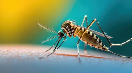 Fototapeta premium Close-up of Mosquito on Human Skin in Bright Colorful Background