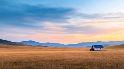 Serene Landscape with Solitary House Amidst Expansive Golden Fields Under Colorful Sunset Sky