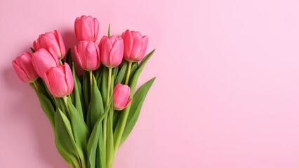 Fototapeta premium Beautiful composition spring flowers. Bouquet of pink tulips flowers on pastel pink background. Valentine's Day