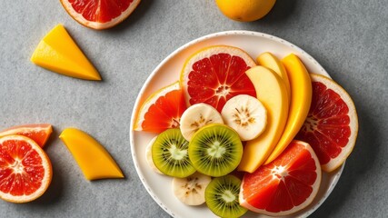 Naklejka premium Fresh Tropical Fruit Plate - Mango, Kiwi, Banana, Grapefruit - Healthy Dessert Snack - Top View