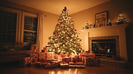 Christmas interior featuring a glowing tree surrounded by wrapped gifts and a lit fireplace in a dimly lit room