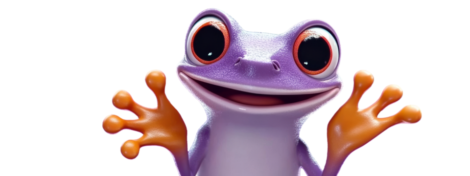 Cute purple frog with big eyes and orange hands smiles brightly against a transparent background