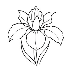 Simple black and white line art of an iris flower with detailed petals, leaves, and a central bud