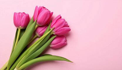 Obraz premium Beautiful composition spring flowers. Bouquet of pink tulips flowers on pastel pink background. Valentine's Day