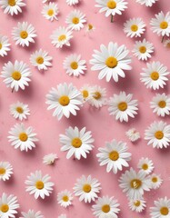 Obraz premium Pastel pink textured background with scattered white daisy petals, soft pastel, macro, surface