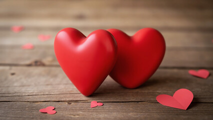 Fototapeta premium Valentines day background with two red hearts on wooden background