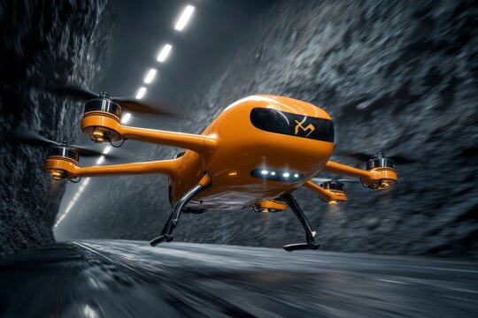 A digital illustration of a futuristic mining operation with flying drones transporting raw materials from deep caverns