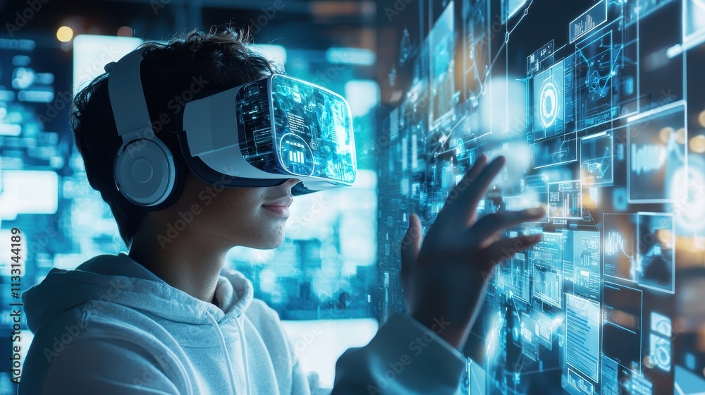 Poster student engaging with online learning software through virtual reality technology in interactive env