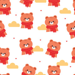 seamless pattern cartoon bear wearing red scarf. cute christmas and winter wallpaper for fabric print, gift wrap paper