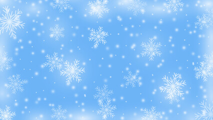 Frosty winter background with snowflakes. New Year's blue and white snow texture.