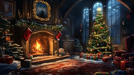 Obraz premium Magical Christmas interior featuring a bright glowing tree a crackling warm fireplace and decorated gifts in darkness