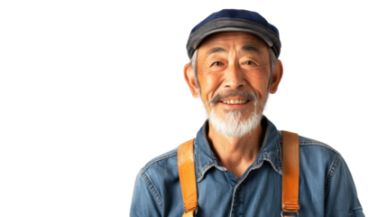 Asian caucasian senior male engineer with safety helmet on white background
