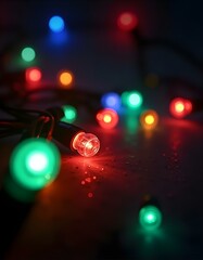 kolorowe światełka choinkowe leżą na stole. w tle światła tworzą ciekawy efekt bokeh
