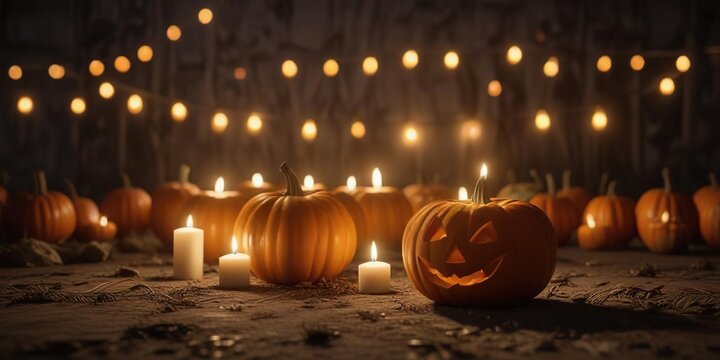 Pumpkin patch with candles lit in the background, autumnal landscape, seasonal display