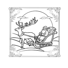 A black and white line drawing of Santa Claus riding a sleigh pulled by reindeer.