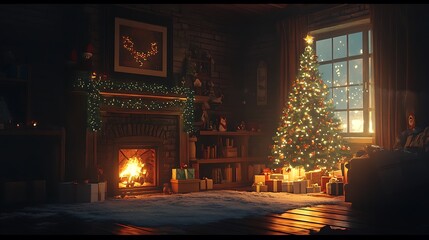 Obraz premium Cozy festive interior showcasing a glowing Christmas tree warm fireplace and holiday gifts softly glowing in darkness