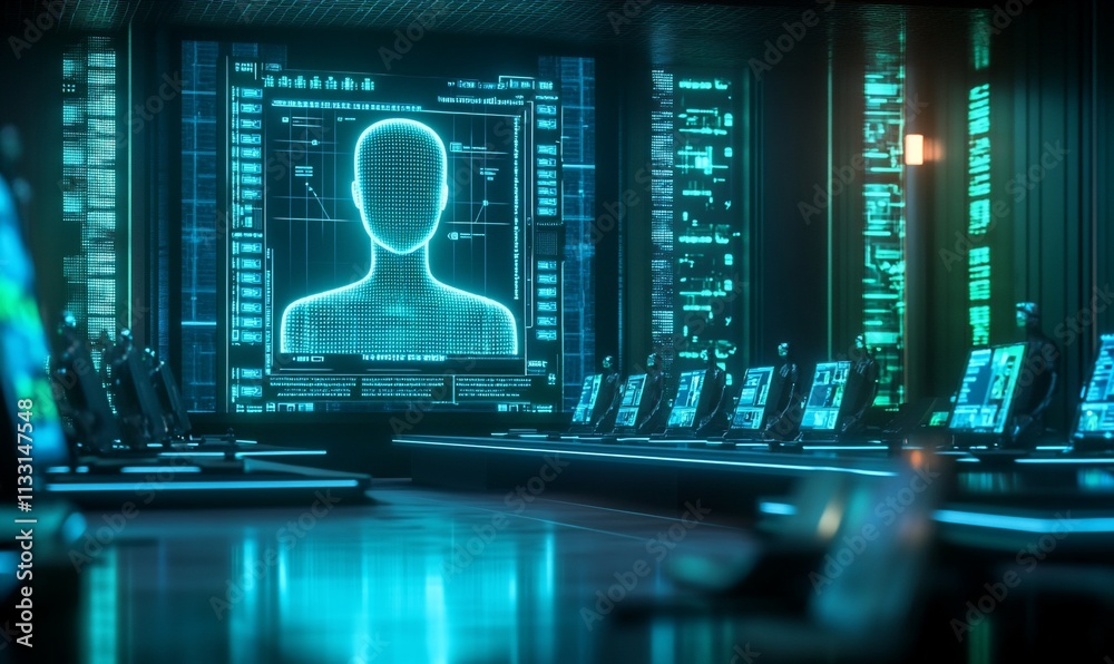 Poster futuristic control room with holographic interface and computer stations.