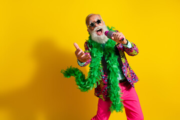 Portrait of charismatic singer hold microphone wear pit pants classy blazer empty space isolated on...