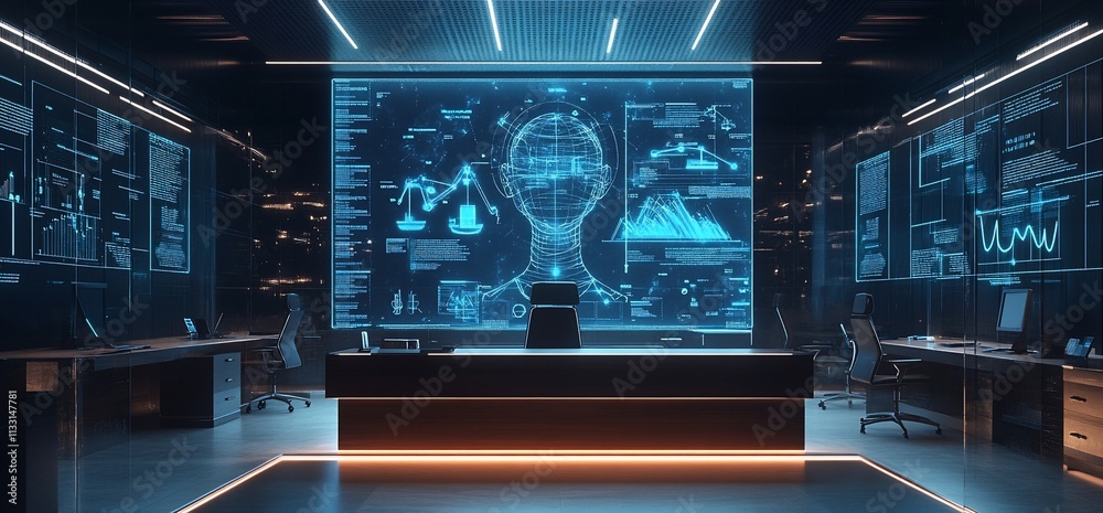 Poster futuristic office with digital displays and data visualizations.