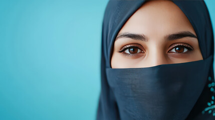 Naklejka premium Close-Up Portrait of a Woman Wearing a Hijab Against a Turquoise Background Emphasizing Cultural Identity and Graceful Beauty