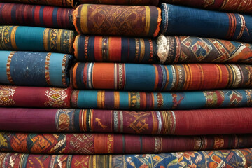 Colorful traditional turkish carpets folded and stacked showing rich colors and patterns
