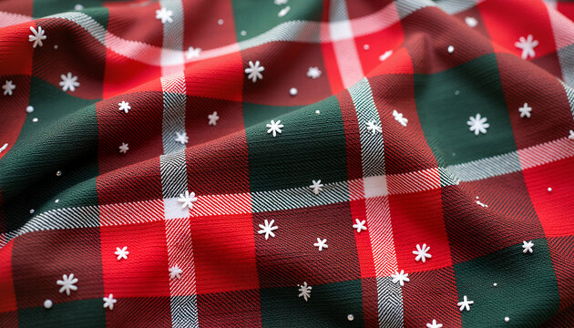 Red and green plaid fabric with snowflake details