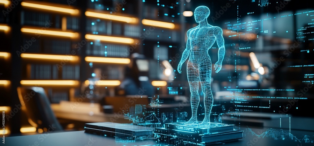 Poster holographic human figure displayed in a modern library setting.