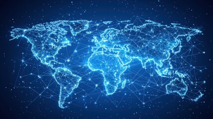 Multicultural or Global Team World map with interconnected lines and nodes, symbolizing global communication and collaboration between diverse teams.
