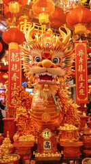 Fototapeta premium A celebration of Chinese New Year that features a carefully crafted and intricately carved wooden dragon as its central figure.