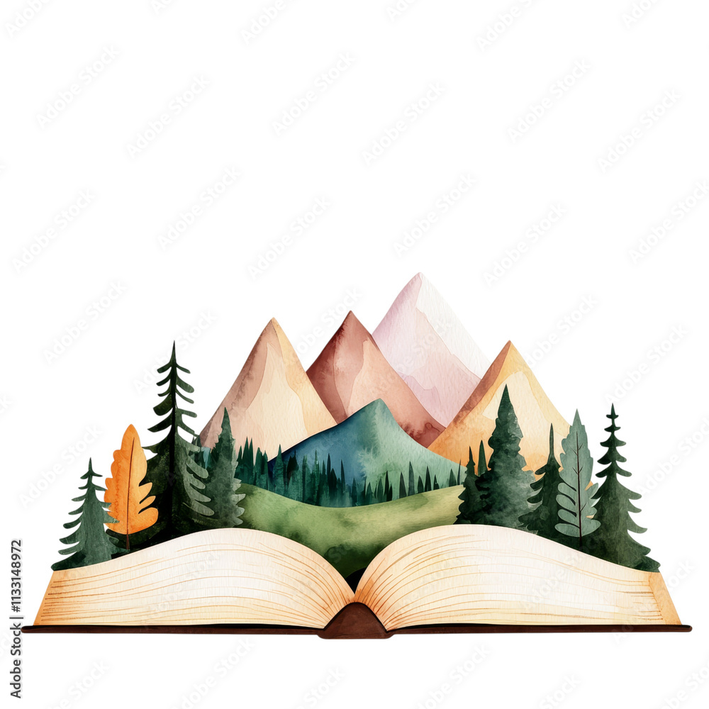 Wall mural an open book with vibrant mountains and trees emerging from its pages, symbolizing adventure and ima
