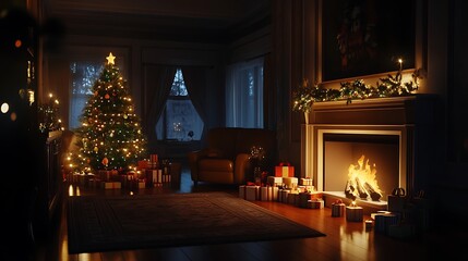 Warm cozy room with a glowing Christmas tree glowing fireplace and neatly wrapped holiday gifts softly glowing in darkness