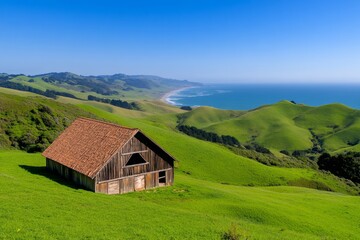 A horse ranch estate with a rustic barn, open fields, and horses grazing under a clear blue sky