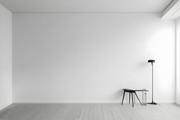 Empty modern room with white walls, wooden floor, stool, and lamp